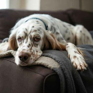 Setter inglés descansando en un sofá, mirando con calma.
