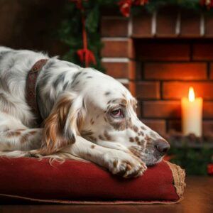 Setter inglés descansando frente a una chimenea navideña.