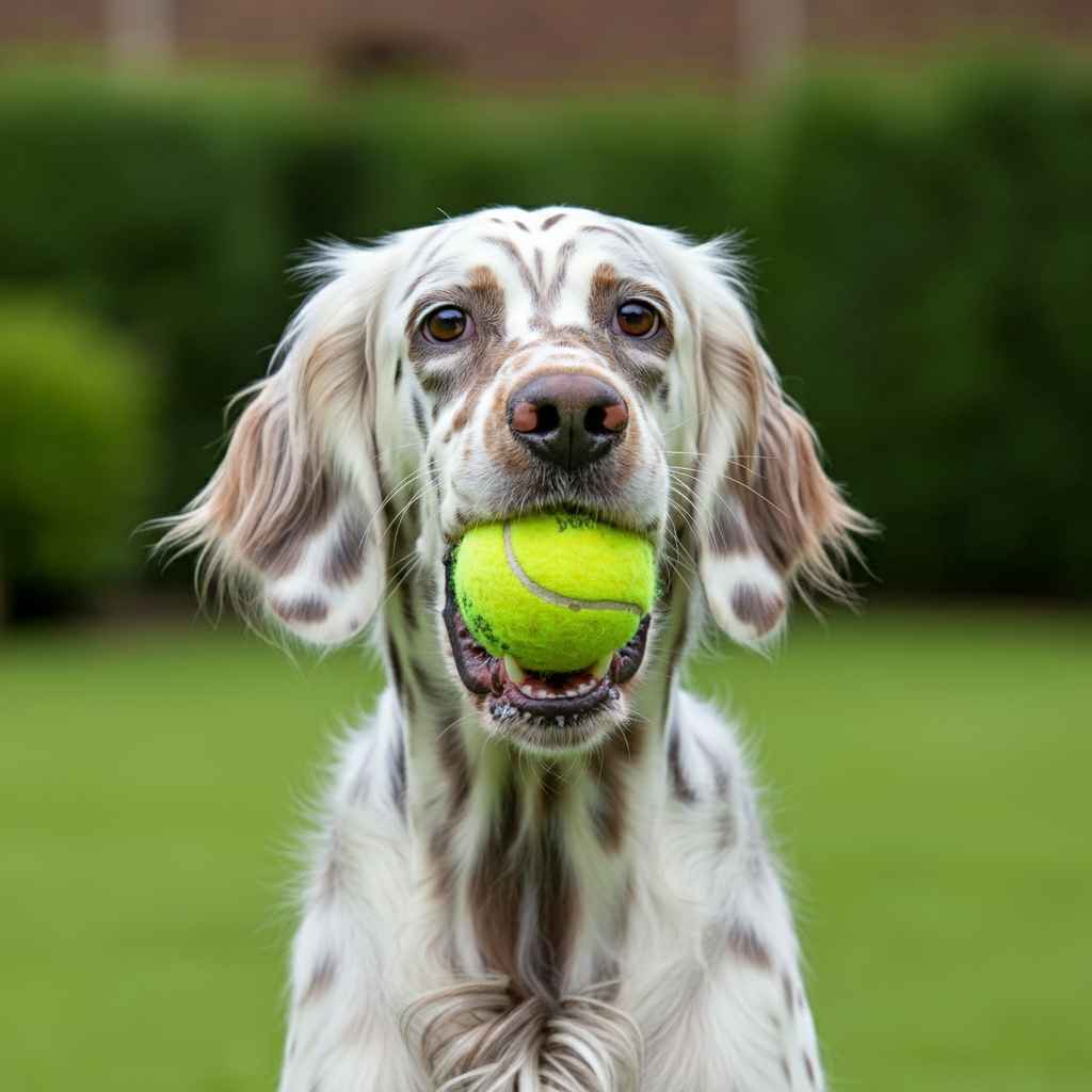 Setter inglés con una pelota de tenis en la boca, listo para jugar.