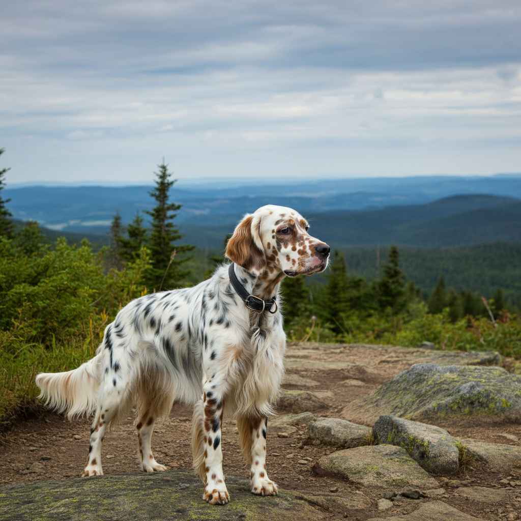 Setter inglés en la cima de una montaña, contemplando el paisaje.