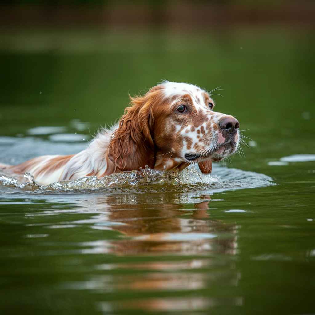 Setter inglés nadando en un lago, mirando hacia adelante.
