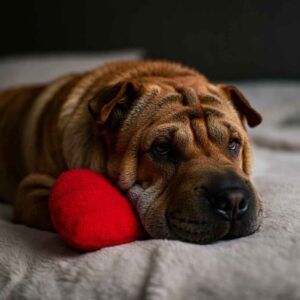 Shar Pei 4 Sharpei apoyado sobre una almohada en forma de corazón.
