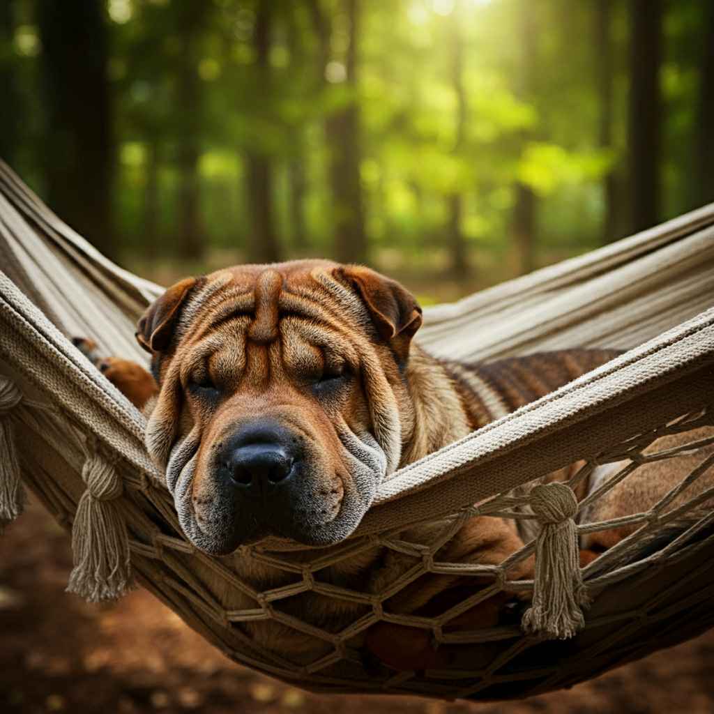 Shar Pei 5 Sharpei descansando en una hamaca en medio de un bosque.