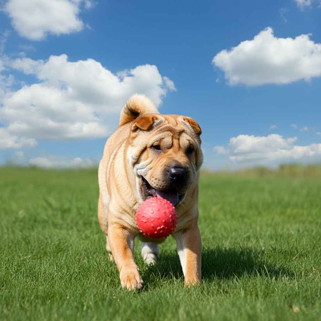 Shar Pei 6 Sharpei corriendo en el césped con una pelota en la boca.