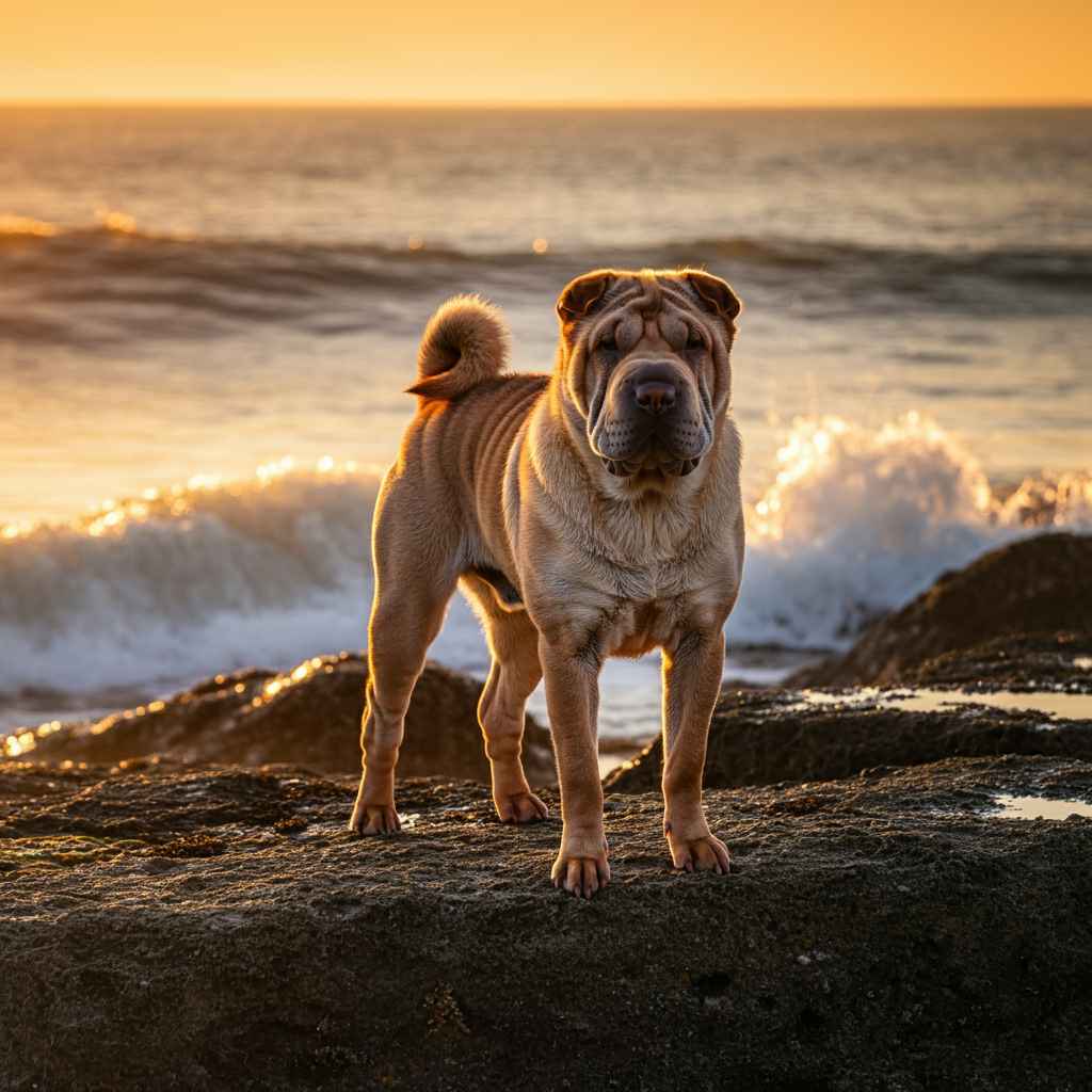 Shar Pei 1 Sharpei parado en una roca en la playa al atardecer.