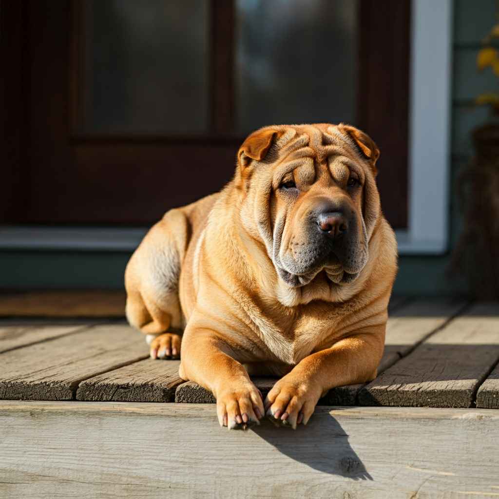 Shar Pei 8 Sharpei descansando en el porche de una casa.