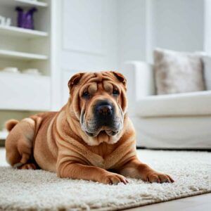Shar Pei 2 Sharpei tumbado en una alfombra dentro de una sala de estar.