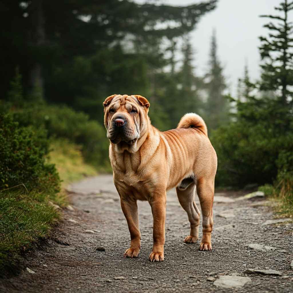 Shar Pei 3 Perro Sharpei parado en un sendero de montaña rodeado de vegetación.