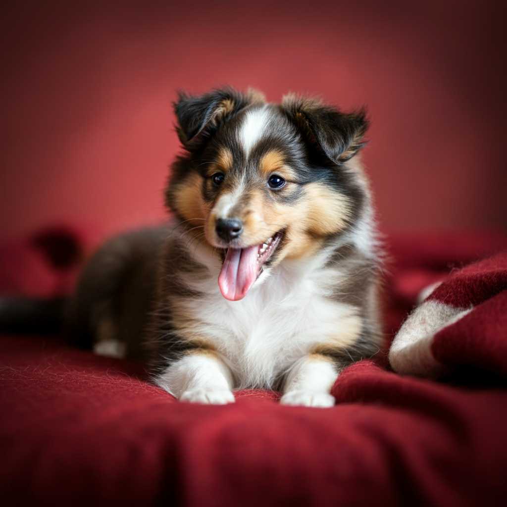 Cachorro de Sheltie alegre y relajado en un ambiente acogedor