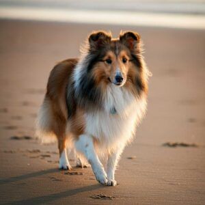 Perro Sheltie caminando por la orilla del mar