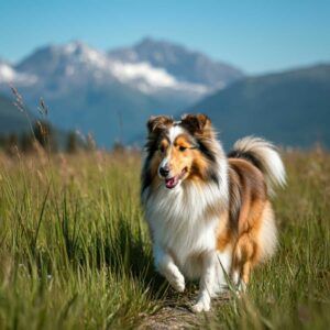 Perro Sheltie caminando por un sendero en la montaña