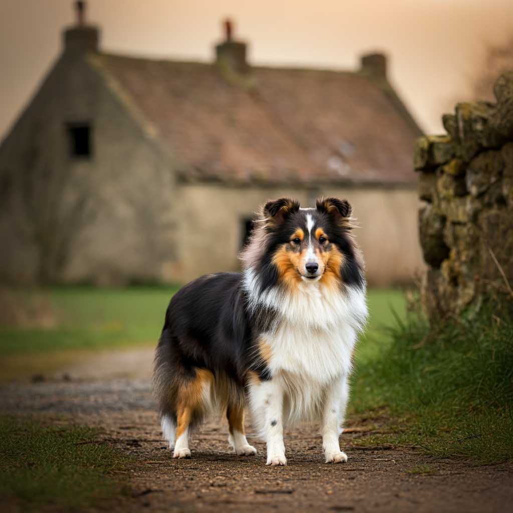 Perro Sheltie en un camino rural frente a una casa de campo