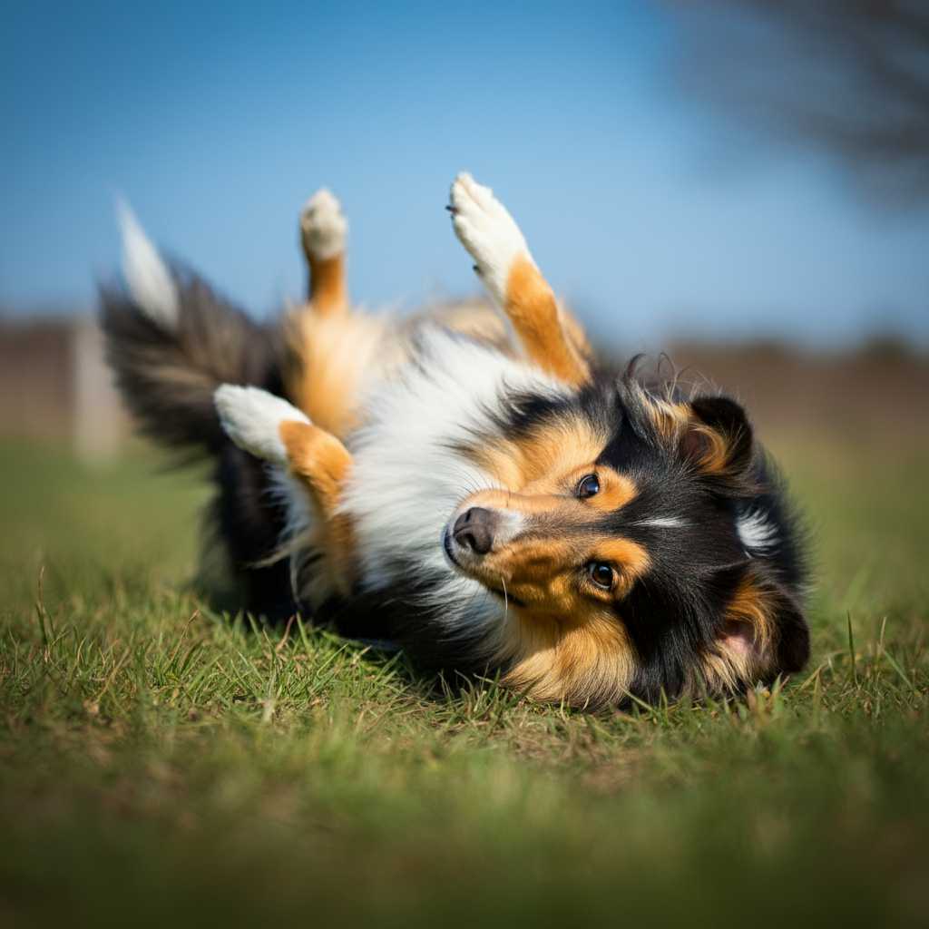 Perro Sheltie jugando en la pradera