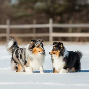Dos perros Sheltie jugando en la nieve