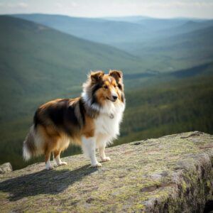 Perro Sheltie de pie sobre una roca en las montañas