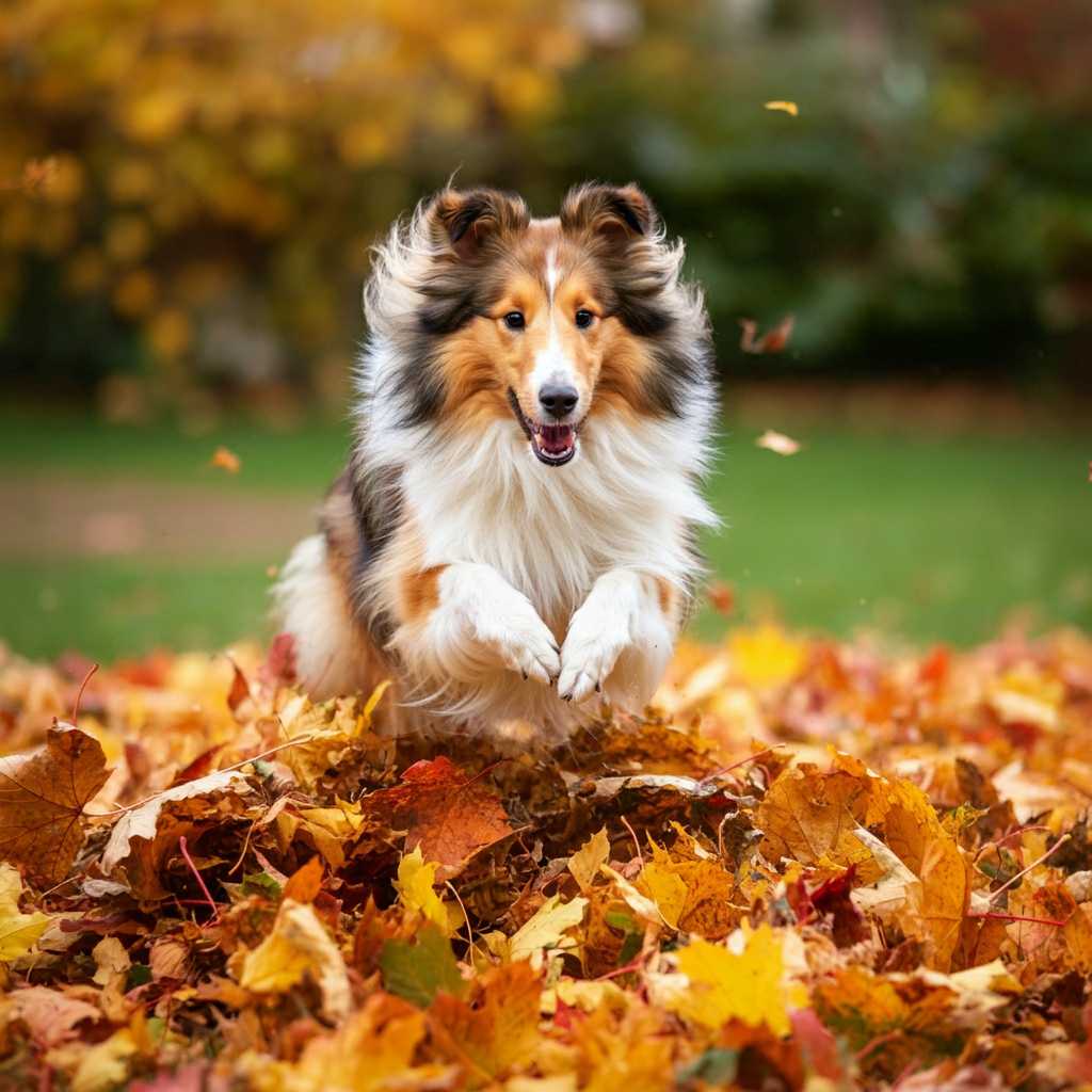 Perro Sheltie saltando entre hojas otoñales