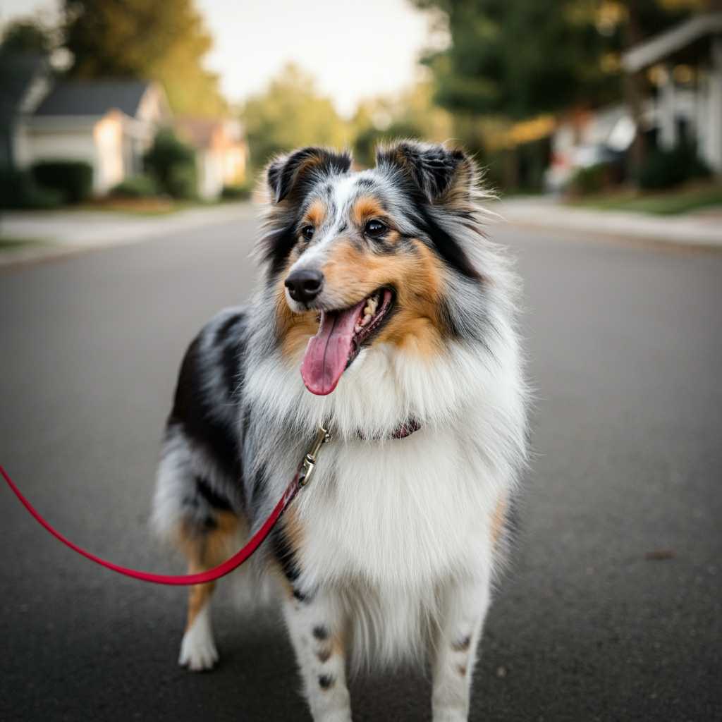 Perro Sheltie con correa paseando por una calle