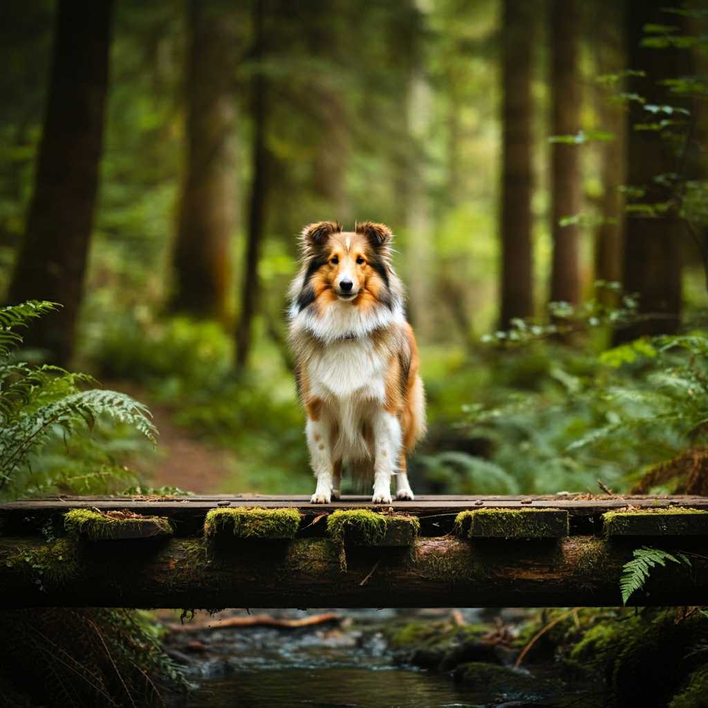 Perro Sheltie de pie sobre un puente en el bosque