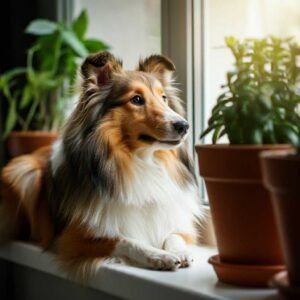 Perro Sheltie mirando por una ventana junto a plantas en macetas