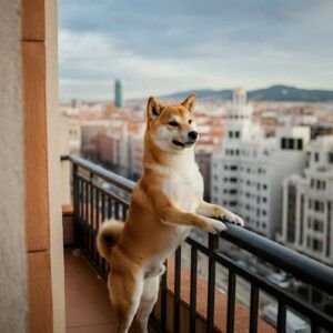 Shiba Inu 9 Shiba Inu en un balcón con vista panorámica de la ciudad.