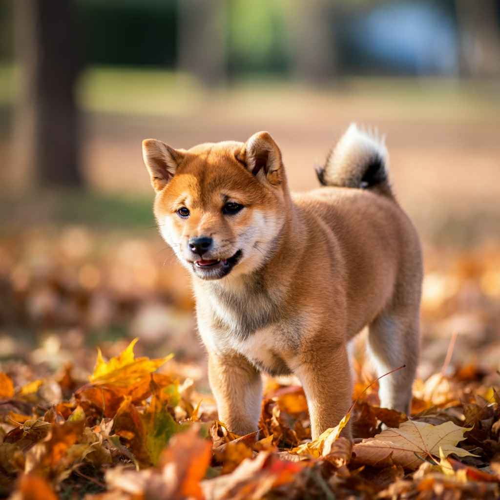 Shiba Inu 11 Cachorro de Shiba Inu jugando entre hojas de otoño en un parque.