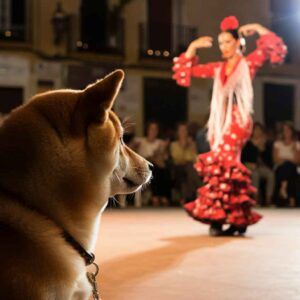 Shiba Inu 5 Shiba Inu observando una actuación de flamenco en un escenario.