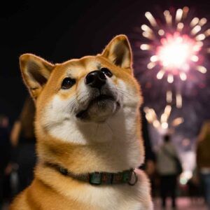 Shiba Inu 4 Shiba Inu mirando hacia arriba con fuegos artificiales de fondo.