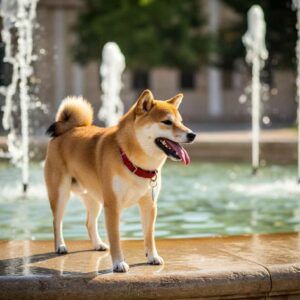 Shiba Inu 2 Shiba Inu parado frente a una fuente de agua en un parque.