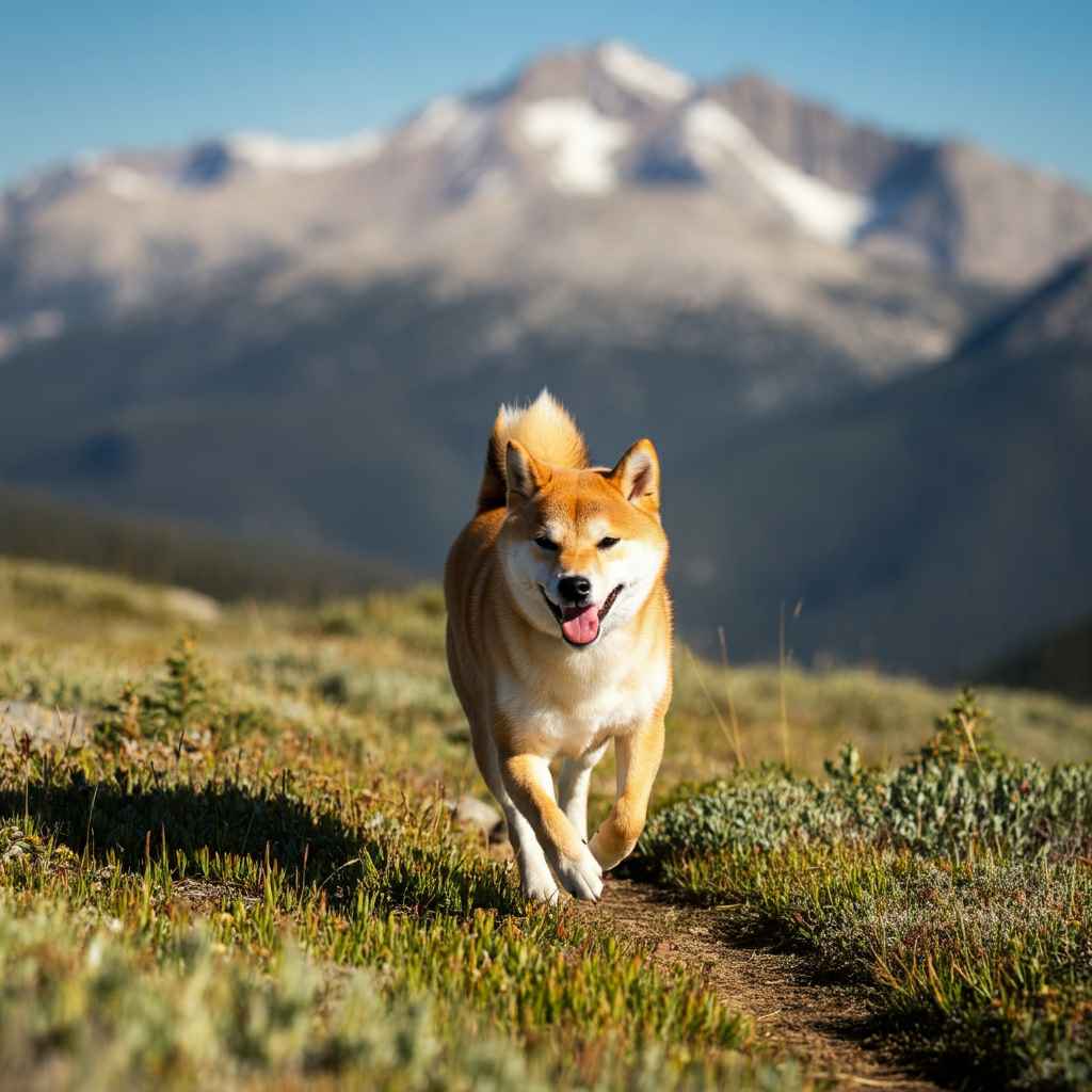 Shiba Inu 3 Shiba Inu corriendo por un sendero en las montañas con un fondo de picos nevados.