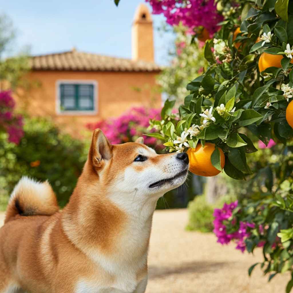 Shiba Inu 6 Shiba Inu oliendo naranjas en un árbol en un jardín.