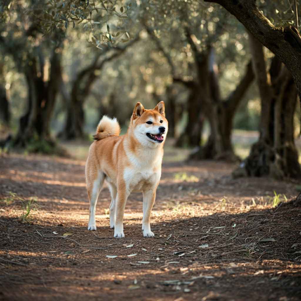 Shiba Inu 10 Shiba Inu de pie entre los árboles de un olivar.