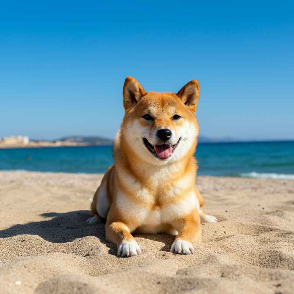Shiba Inu 1 Shiba Inu descansando en la arena de la playa con el mar al fondo.