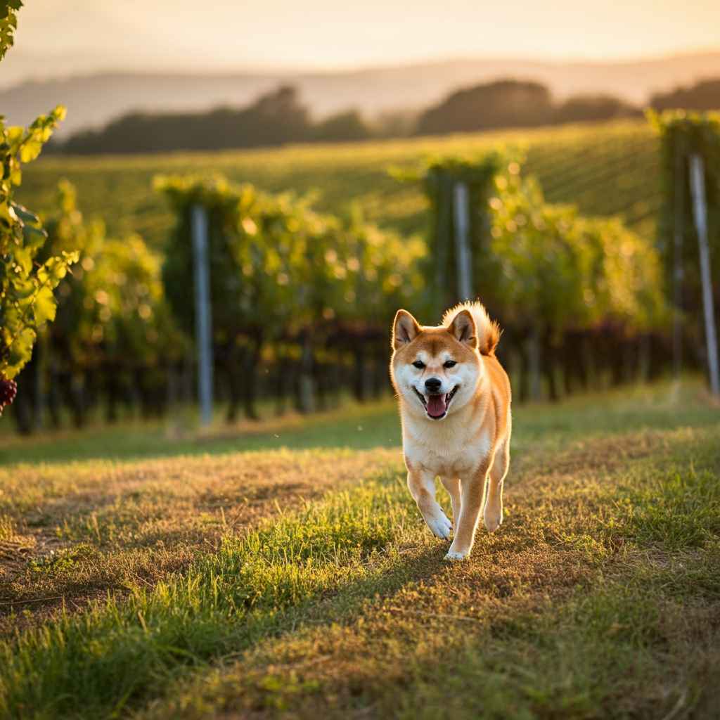 Shiba Inu 7 Shiba Inu corriendo en un viñedo al atardecer.
