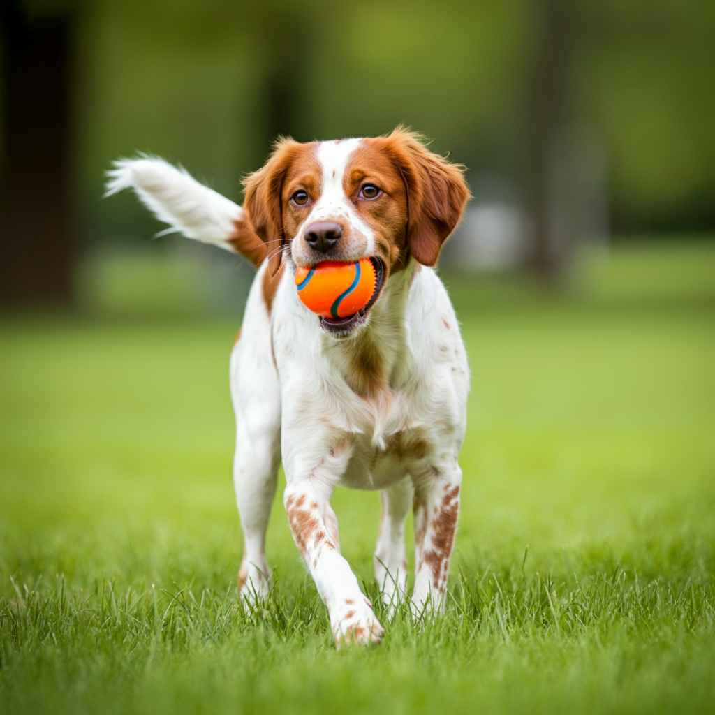 Spaniel Bretón 7 Spaniel Bretón jugando con una pelota en un campo verde.