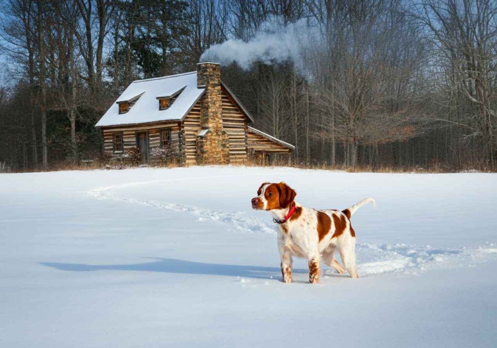 Spaniel Bretón 6 Spaniel Bretón caminando en la nieve cerca de una cabaña.