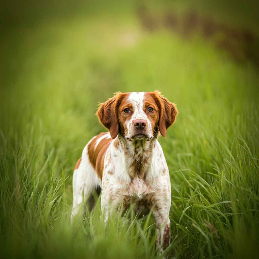 Spaniel Bretón 1 Spaniel Bretón parado en un prado verde con expresión atenta.