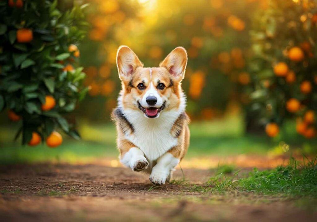 Welsh Corgi Pembroke corriendo entre naranjos en el campo.
