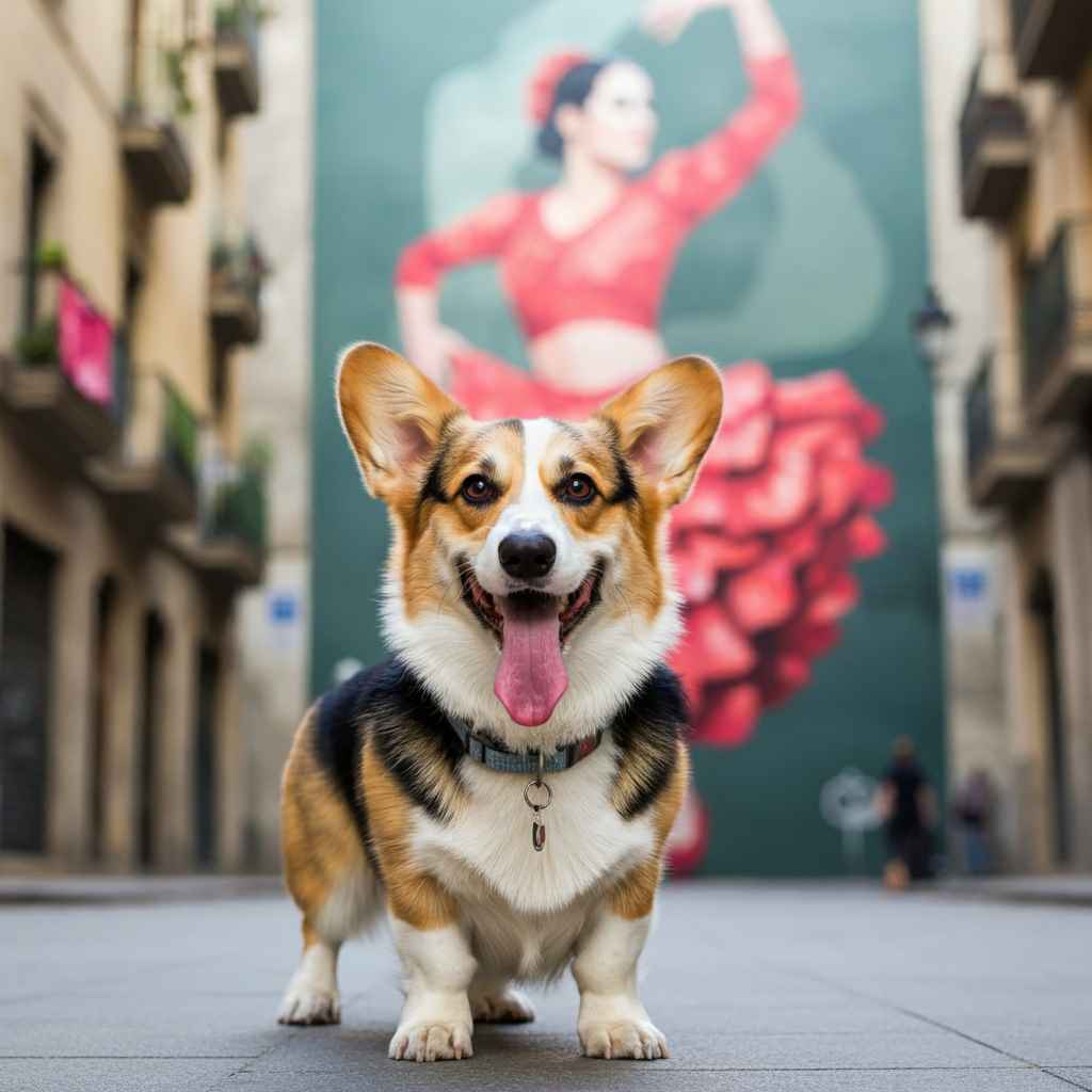 Welsh Corgi Pembroke posando frente a un mural artístico.