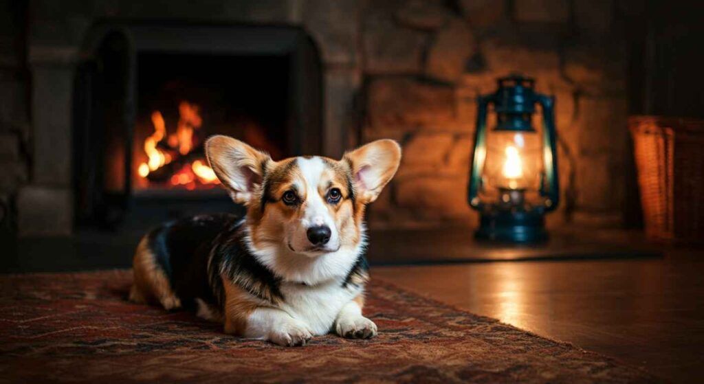 Welsh Corgi Pembroke relajado frente a una chimenea encendida.