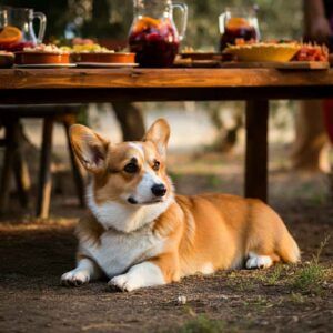 Welsh Corgi Pembroke junto a una mesa con comida.