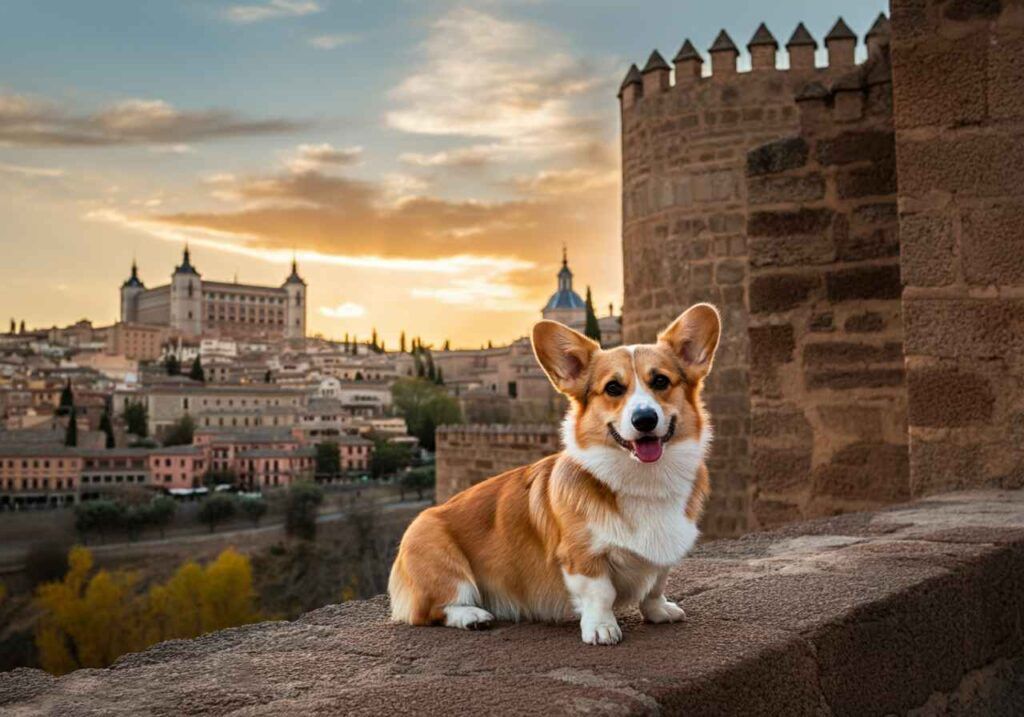 Welsh Corgi Pembroke con un paisaje histórico de fondo.
