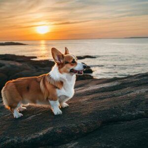 Welsh Corgi Pembroke contemplando la puesta de sol sobre las rocas.