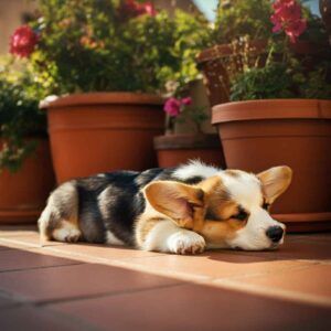 Welsh Corgi Pembroke durmiendo cerca de macetas de flores.