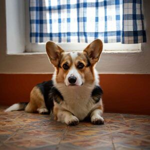 Welsh Corgi Pembroke sentado junto a una ventana.