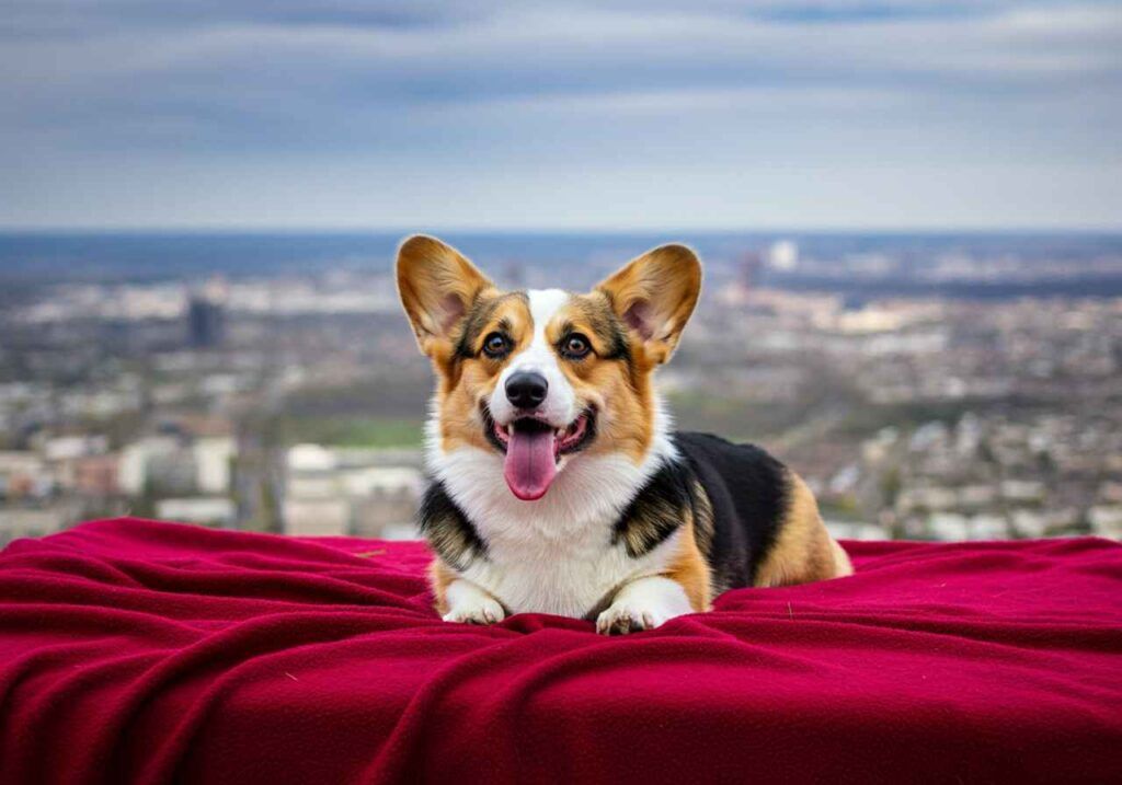 Welsh Corgi Pembroke posando con una vista panorámica de la ciudad.