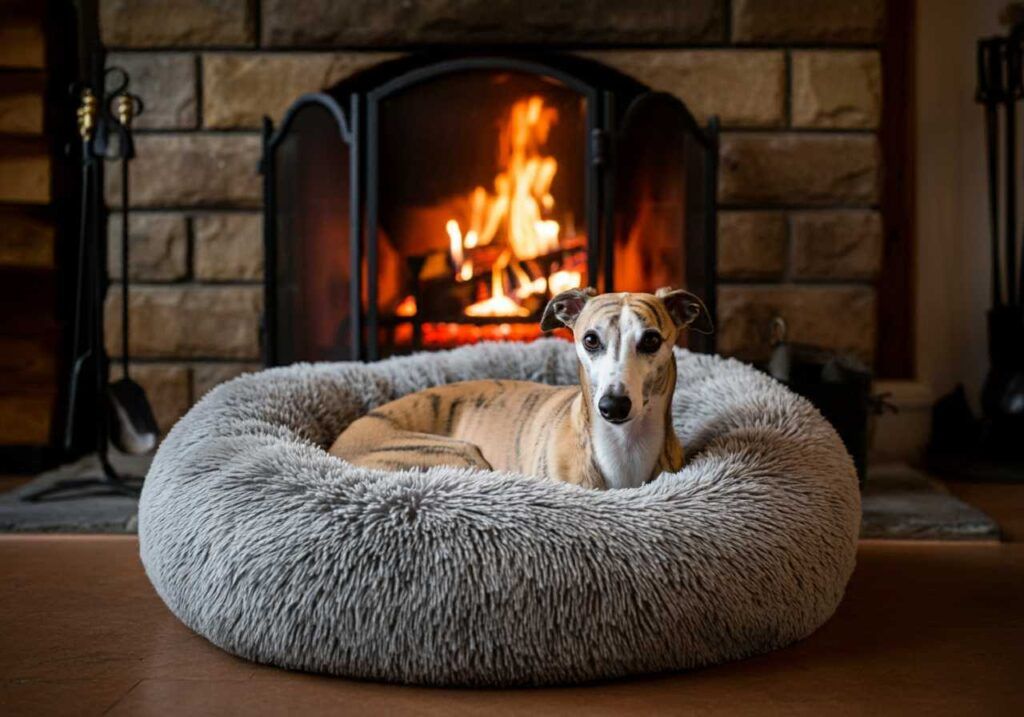 Whippet 10 Whippet descansando en una cama frente a una chimenea encendida.