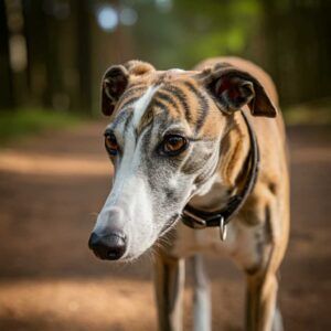 Whippet 4 Whippet caminando en un sendero del bosque.
