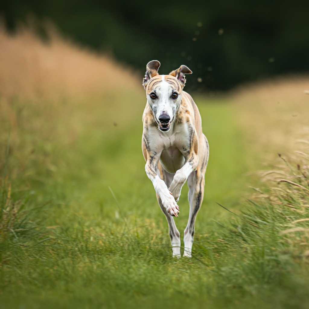 Whippet 3 Whippet corriendo a toda velocidad en una pradera verde.