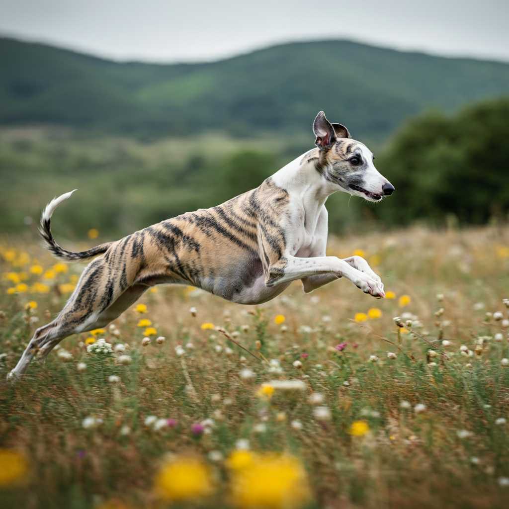 Whippet 6 Whippet corriendo en un prado lleno de flores silvestres.