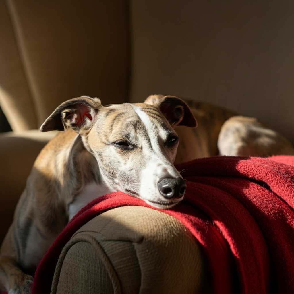 Whippet 11 Whippet descansando en un sofá con una manta roja.